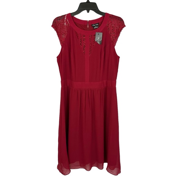 CITY CHIC | Ruby Red Dark Romance Lace Detail A-Line Cocktail Dress NWT XS/14 - Picture 14 of 16